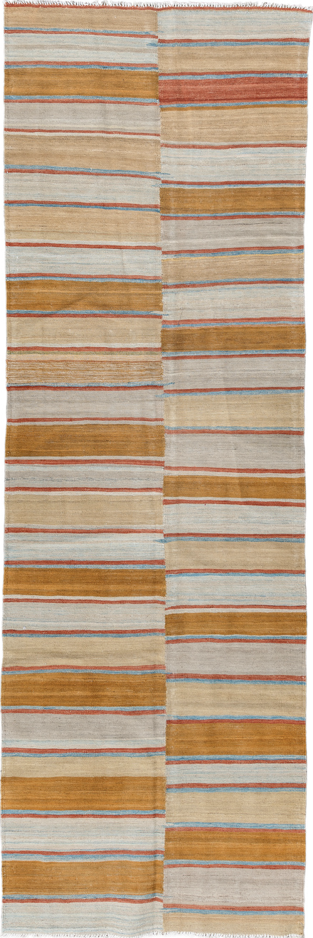 3' x 10' one-of-a-kind handmade vintage Kilim runner rug. Color palette: brown, dark gray, gainsboro, gray, light gray