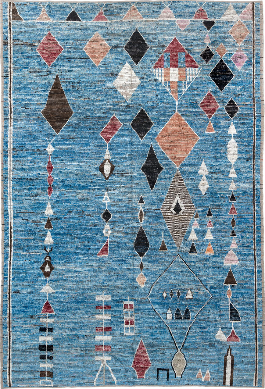 9' x 13' one-of-a-kind handmade vintage Tulu large size rug. Color palette: pink, blue, gray, light gray, off-white, brown