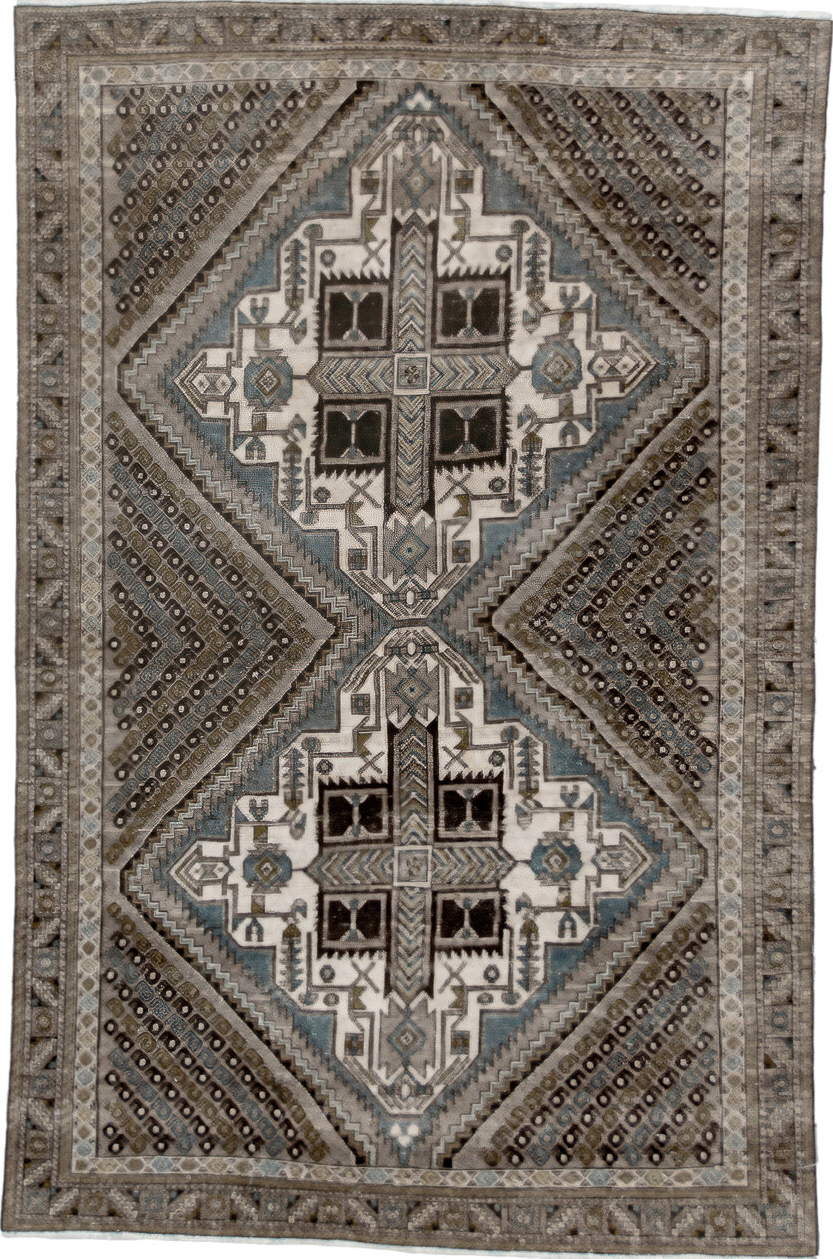 4' x 6' one-of-a-kind handmade vintage Afshar small size rug. Color palette: black, brown, charcoal, dim gray, gray