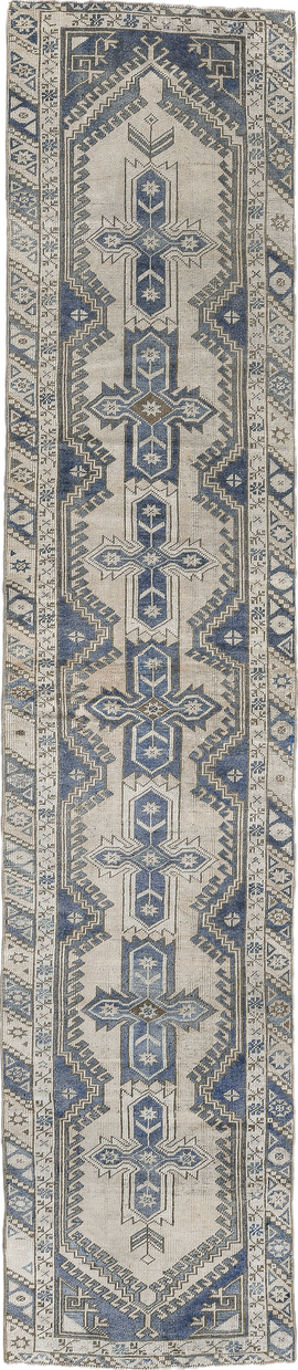 2' x 11' one-of-a-kind handmade vintage Oushak runner rug. Color palette: blue, dark gray, gray, light gray, off-white