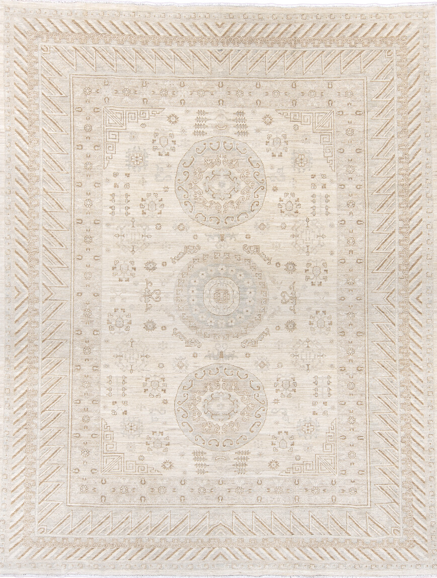 8' x 11' one-of-a-kind handmade vintage Khotan large size rug. Color palette: brown, gainsboro, gray, light gray, linen