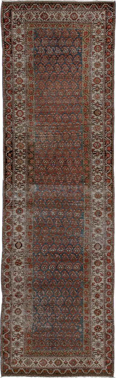 2' x 9' one-of-a-kind handmade vintage Hamadan runner rug. Color palette: black, brown, charcoal, gray, light gray
