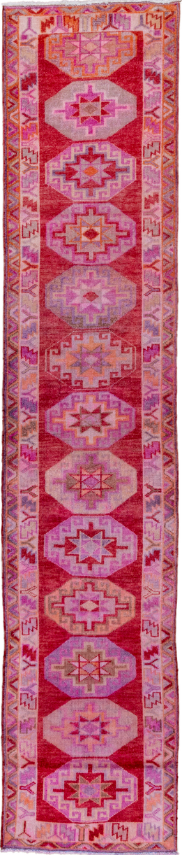 2' x 13' one-of-a-kind handmade vintage Oushak runner rug. Color palette: brown, off-white, pink, red, snow, white