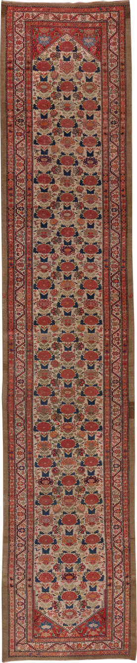 3' x 17' one-of-a-kind handmade vintage Malayer runner rug. Color palette: blue, brown, gray, pink, red
