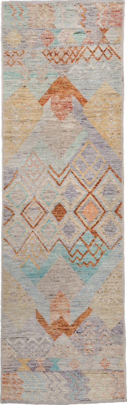 3' x 9' one-of-a-kind handmade vintage Tulu runner rug. Color palette: off-white, light gray, blue, gray, orange, brown