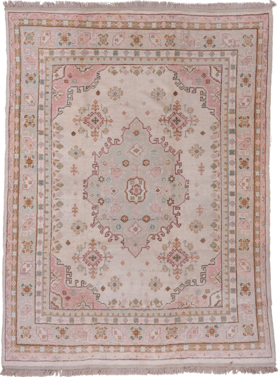 7' x 10' one-of-a-kind handmade vintage Oushak large size rug. Color palette: brown, dim gray, gainsboro, gray, light gray