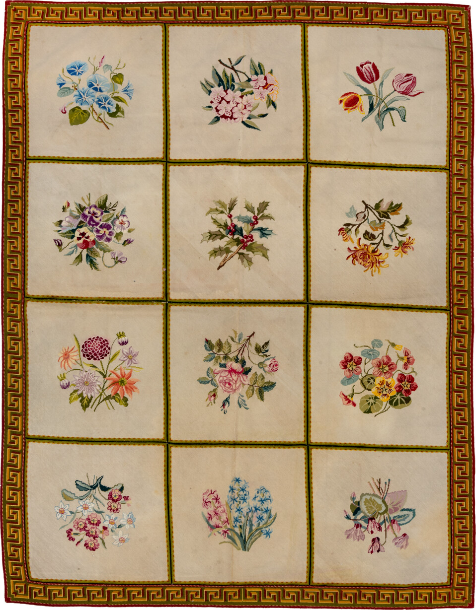 6' x 7' one-of-a-kind handmade vintage Needlepoint rug. Color palette: black, blue, brown, gray, pink, red, yellow