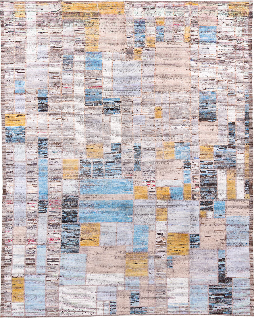 10' x 13' one-of-a-kind handmade vintage Tulu large size rug. Color palette: blue, brown, gray, lavender blush, light blue