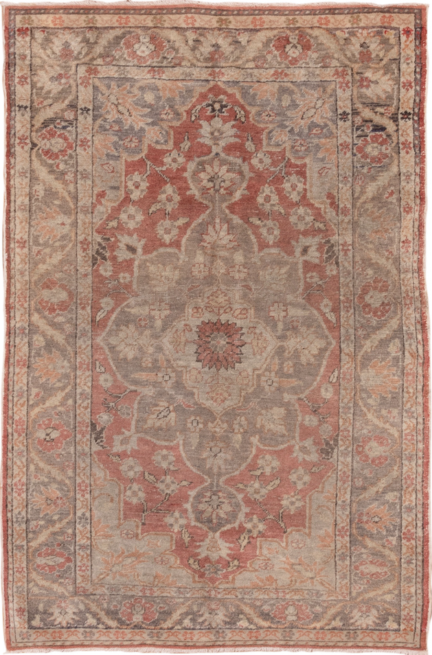 4' x 6' one-of-a-kind handmade vintage Oushak small size rug. Color palette: brown, gray, light gray, off-white, orange