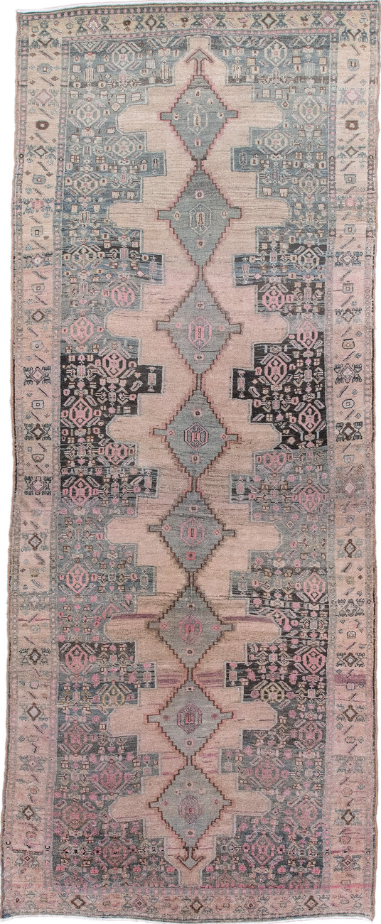 4' x 10' one-of-a-kind handmade vintage Bidjar runner rug. Color palette: black, brown, charcoal, dark gray, dim gray, gray