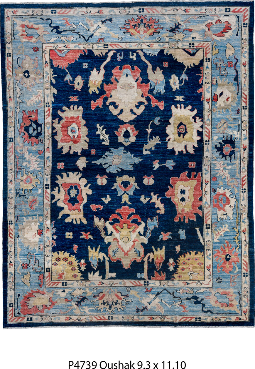 9' x 11' one-of-a-kind handmade vintage Oushak large size rug. Color palette: black, blue, brown, gainsboro, gray
