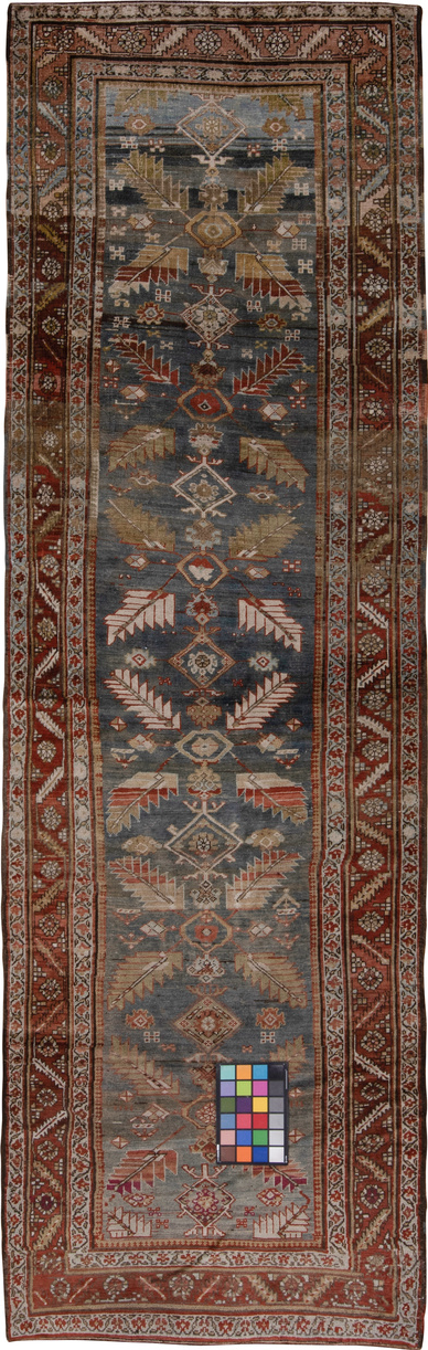 3' x 12' one-of-a-kind handmade vintage NW Persian runner rug. Color palette: brown, gray, pink, red