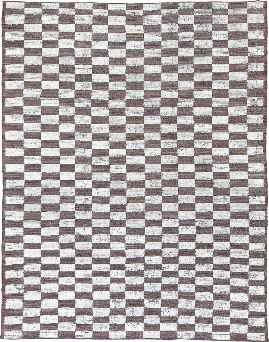 9' x 12' one-of-a-kind handmade vintage Tulu large size rug. Color palette: black, blue, brown, dark gray, gainsboro, gray