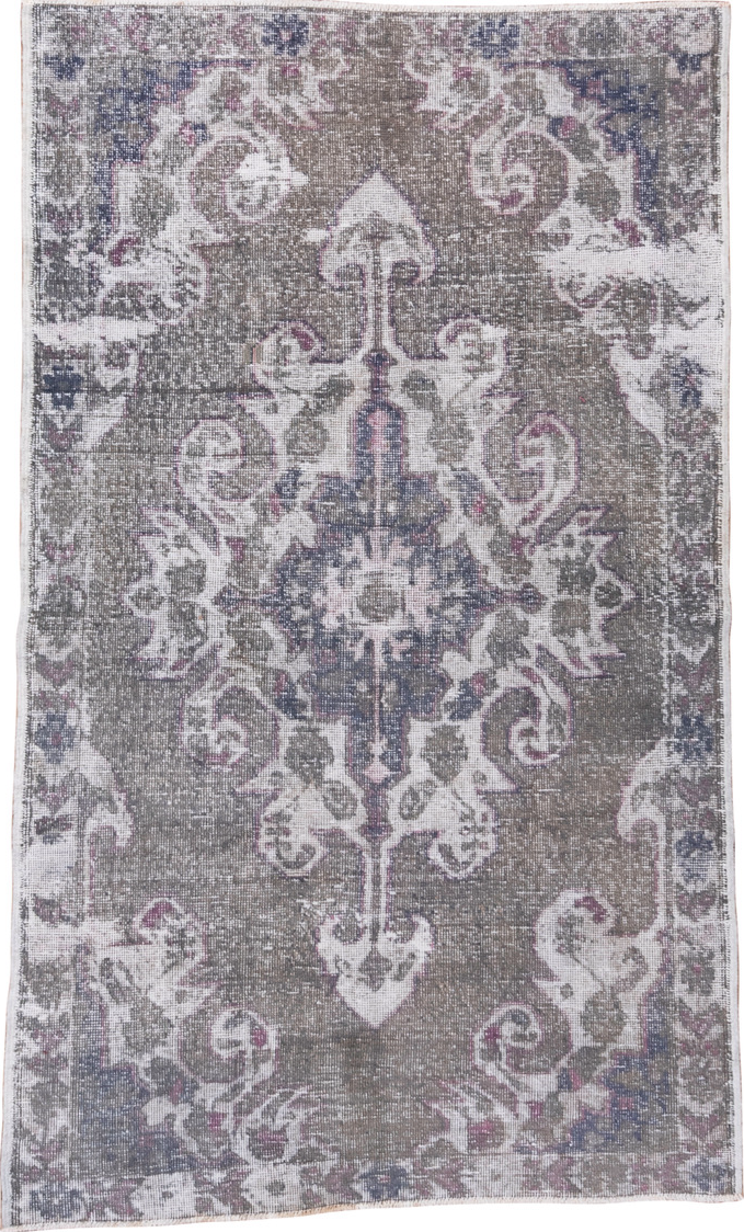 4' x 7' one-of-a-kind handmade vintage Oushak rug. Color palette: blue, dark gray, dim gray, gainsboro, gray, light gray