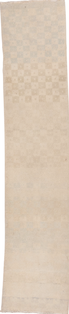 1' x 8' one-of-a-kind handmade vintage Oushak rug. Color palette: brown, gray, light gray, off-white, orange, snow, white