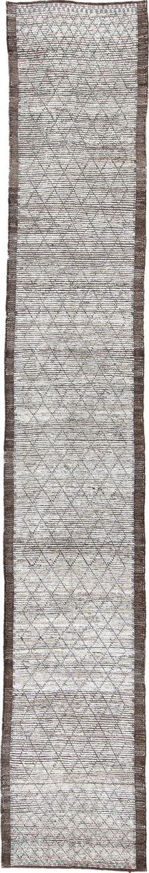 2' x 16' one-of-a-kind handmade vintage Tulu runner rug. Color palette: black, blue, charcoal, dark gray, gainsboro, gray