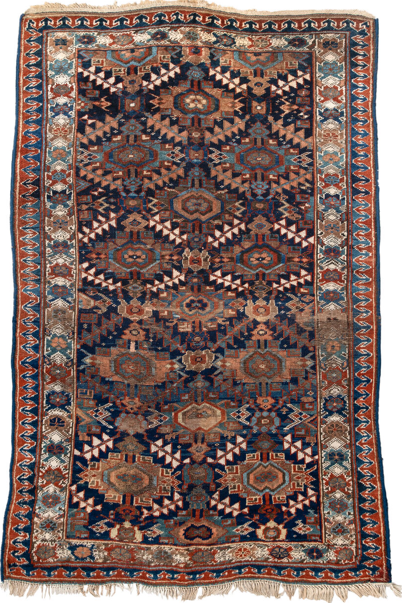 4' x 7' one-of-a-kind handmade vintage Kurd rug. Color palette: gray, brown, blue, pink, orange, off-white, light gray