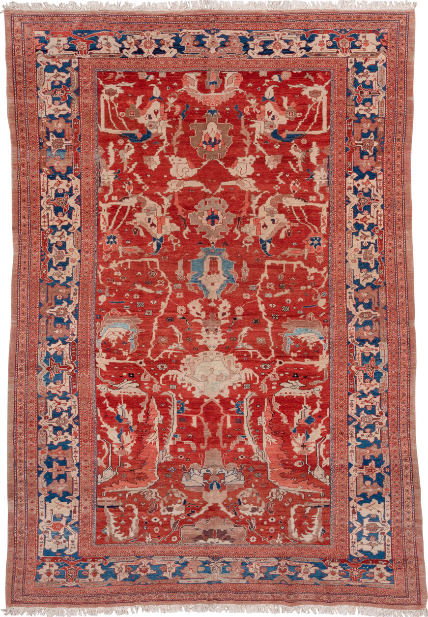 9' x 13' one-of-a-kind handmade vintage Sultanabad large size rug. Color palette: pink, red, brown, gray, blue, off-white