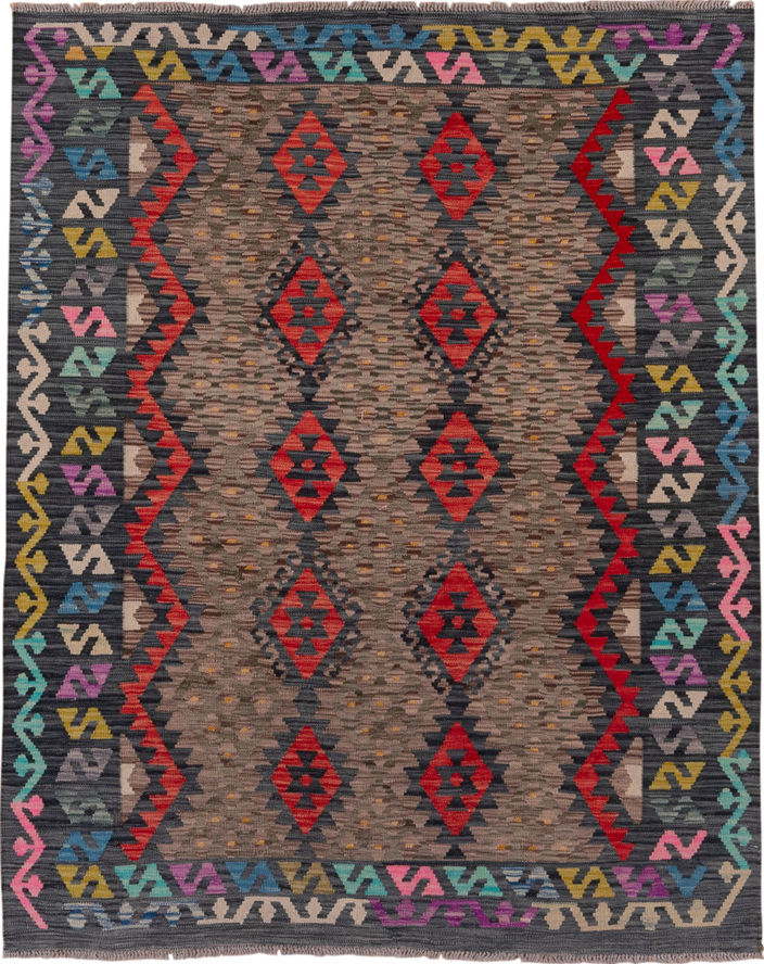 5' x 6' one-of-a-kind handmade vintage Kilim rug. Color palette: black, blue, brown, charcoal, dim gray, gray, pink, red