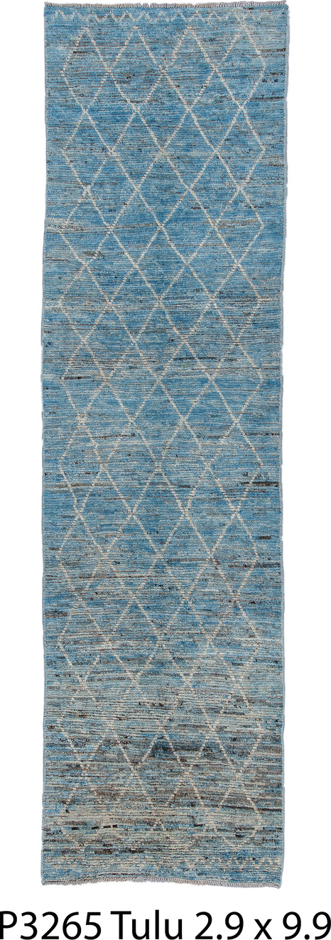 2' x 9' one-of-a-kind handmade vintage Tulu runner rug. Color palette: black, blue, charcoal, dark gray, dim gray, gray