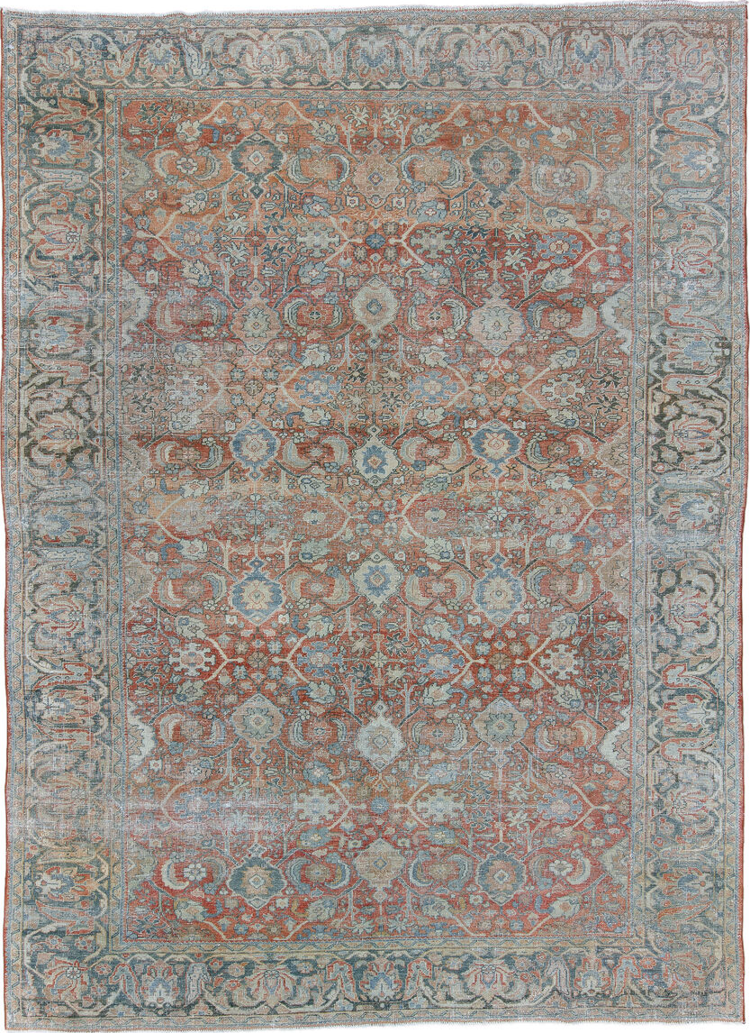 9' x 12' one-of-a-kind handmade vintage Mahal large size rug. Color palette: black, brown, charcoal, dark gray, gray