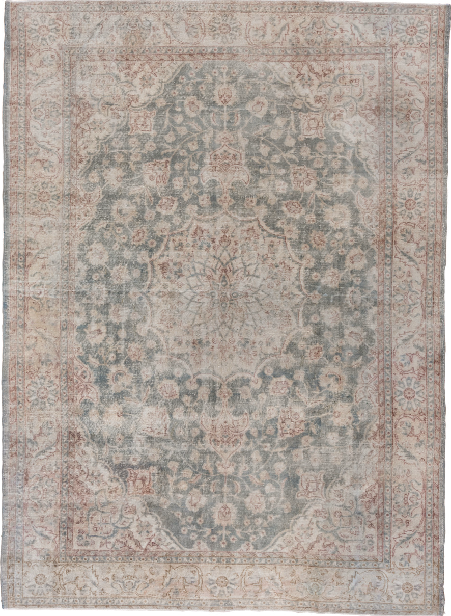 8' x 11' one-of-a-kind handmade vintage Oushak large size rug. Color palette: dim gray, gray, light gray, off-white, pink