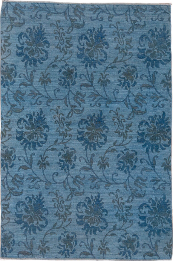 4' x 5' one-of-a-kind handmade vintage Overdyed small size rug. Color palette: arapawa, blue, fiord, gray, light gray