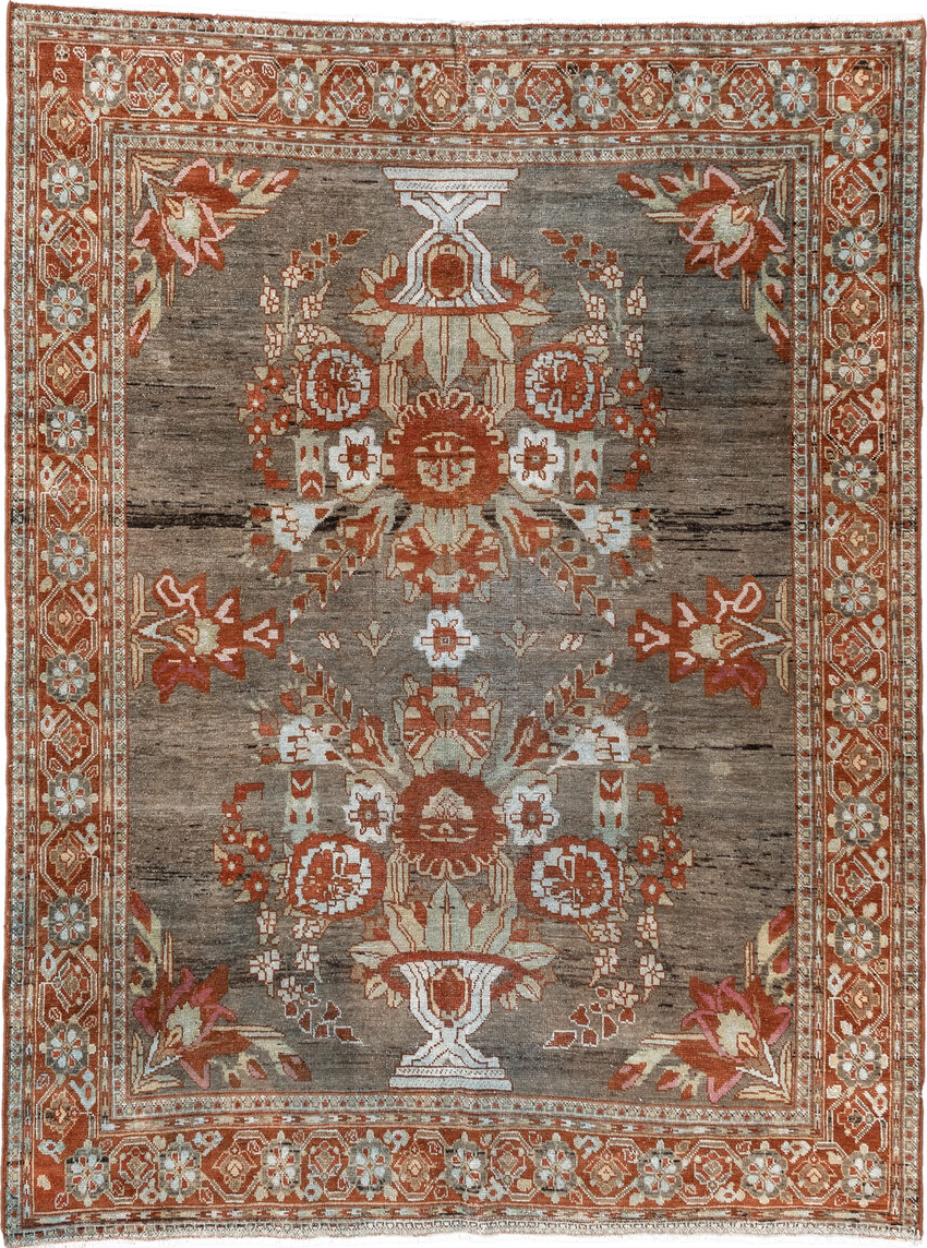 4' x 6' one-of-a-kind handmade vintage Afshar small size rug. Color palette: brown, gray, light gray, orange, off-white