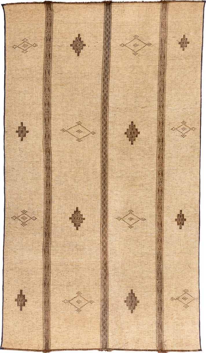 8' x 16' one-of-a-kind handmade vintage Tuareg rug. Color palette: yellow, off-white, orange, brown, bisque, blanched almond