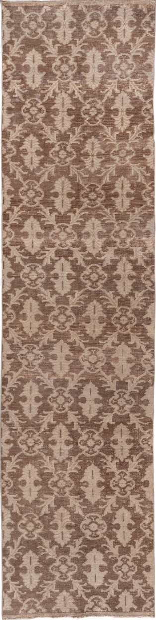 2' x 10' one-of-a-kind handmade vintage Oushak runner rug. Color palette: brown, gray, light gray, off-white, pink, snow