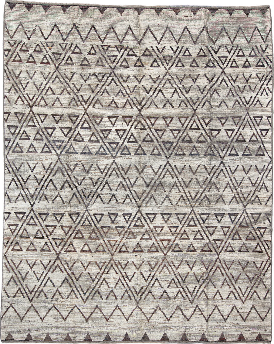 9' x 11' one-of-a-kind handmade vintage Tulu large size rug. Color palette: gray, black, light gray, off-white, pink, brown