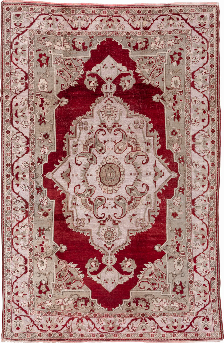 7' x 10' one-of-a-kind handmade vintage Oushak large size rug. Color palette: brown, gray, light gray, off-white, pink, red
