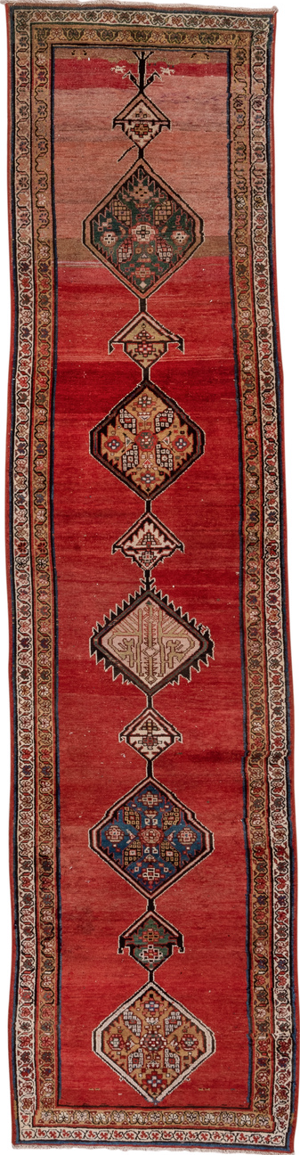 3' x 12' one-of-a-kind handmade vintage Malayer runner rug. Color palette: black, blue, brown, gray, pink, red