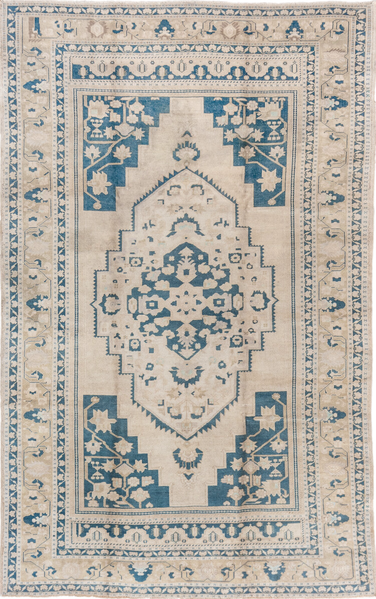 6' x 10' one-of-a-kind handmade vintage Oushak large size rug. Color palette: arapawa, blue, brown, fiord, gray, light gray