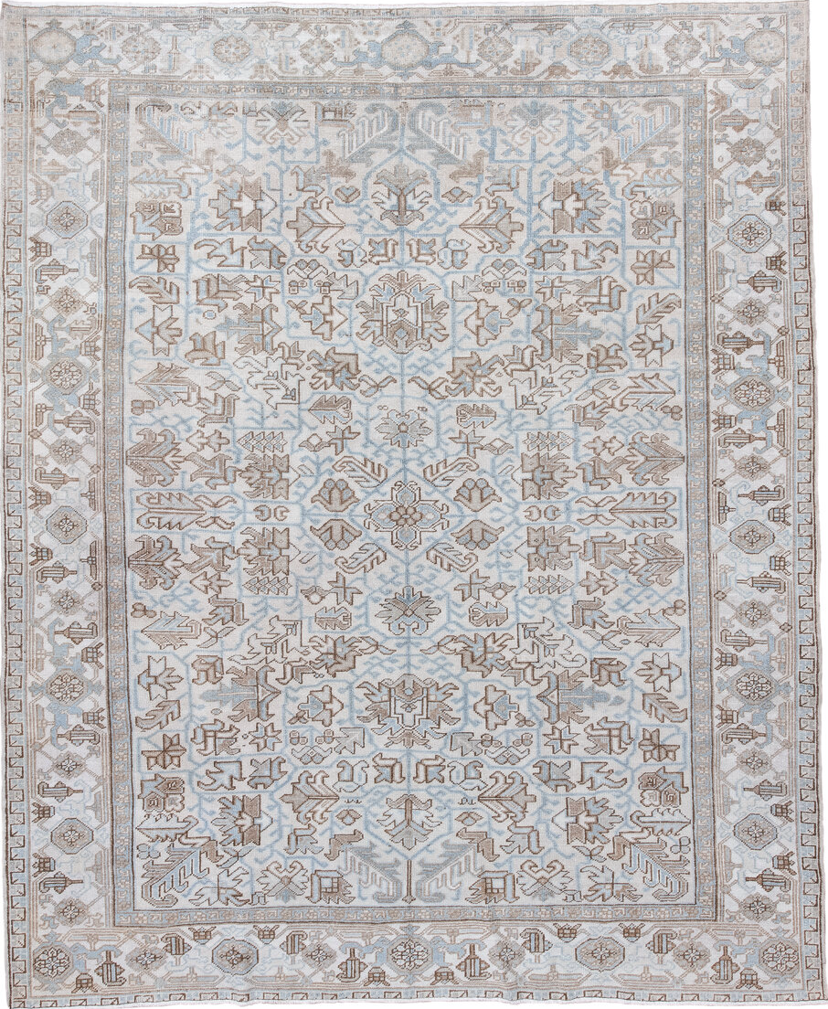 8' x 9' one-of-a-kind handmade vintage Heriz rug. Color palette: black, blue, brown, dark gray, gainsboro, gray, light blue