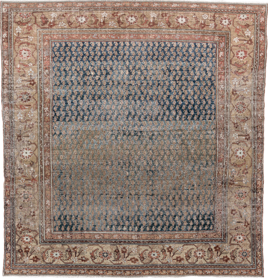9' x 10' one-of-a-kind handmade vintage Mahal large size rug. Color palette: gray, light gray, off-white, black, blue, brown
