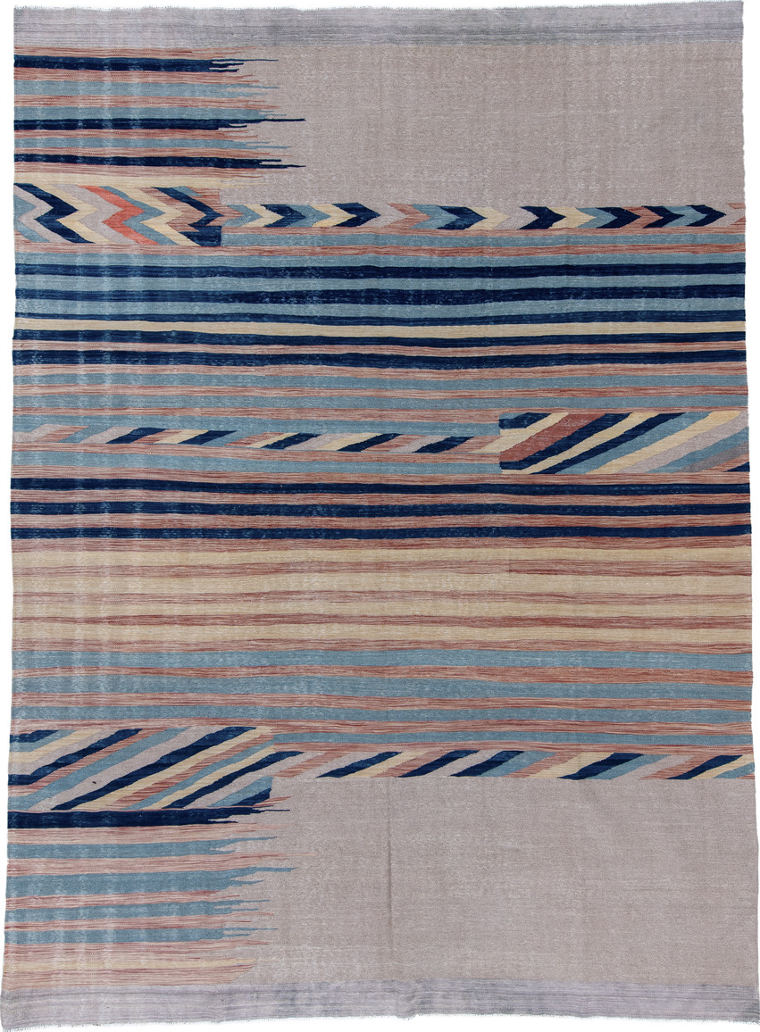 9' x 12' one-of-a-kind handmade vintage Kilim large size rug. Color palette: blue, brown, dark gray, gray, light blue
