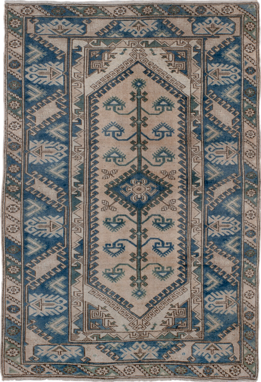 3' x 5' one-of-a-kind handmade vintage Oushak small size rug. Color palette: arapawa, black, blue, brown, charcoal, dim gray