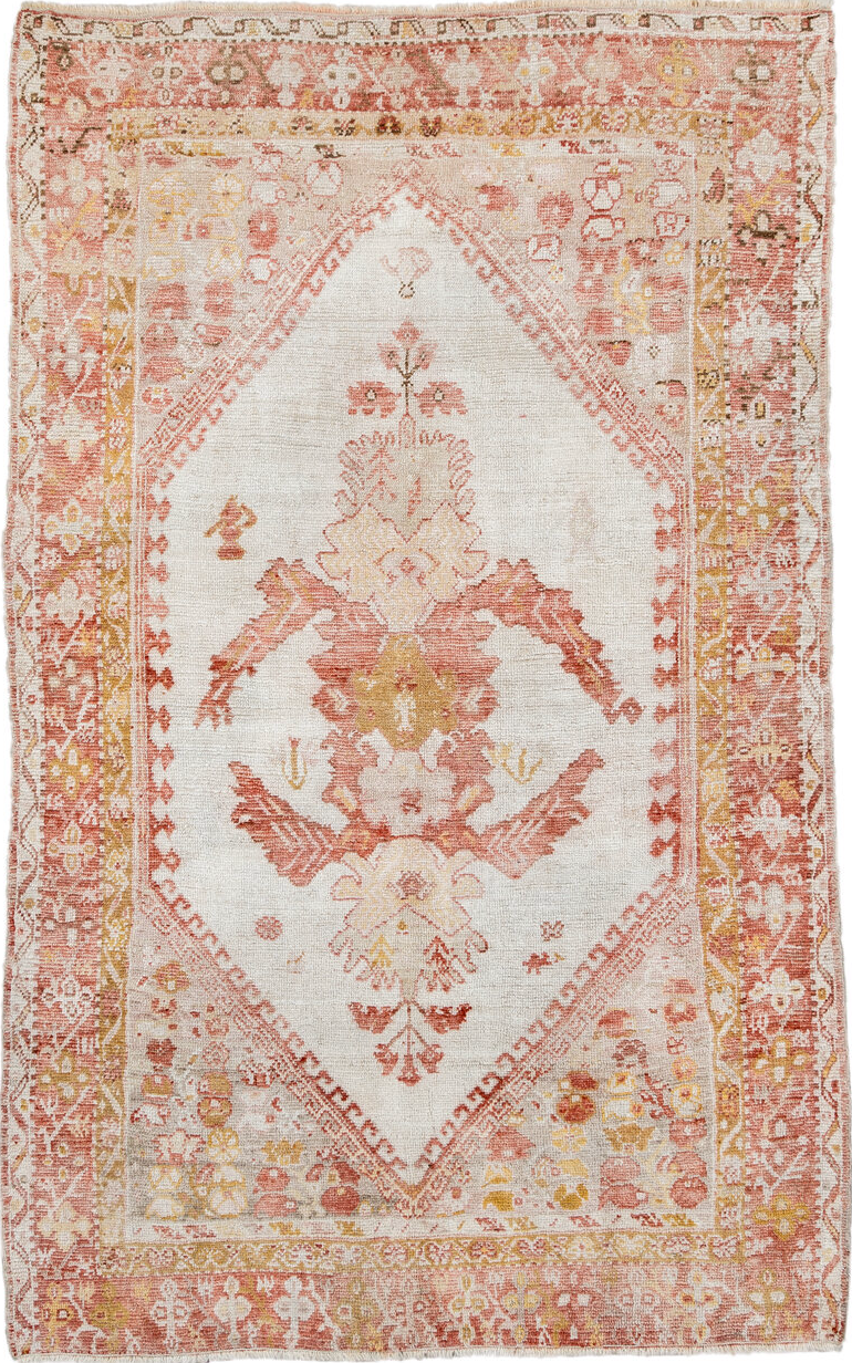 3' x 5' one-of-a-kind handmade vintage Oushak small size rug. Color palette: brown, gainsboro, gray, light gray, linen