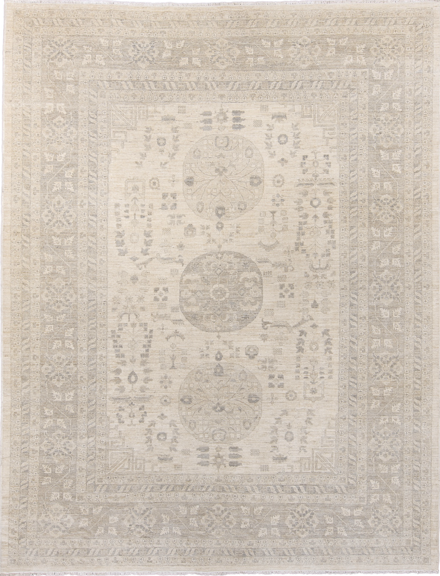 9' x 12' one-of-a-kind handmade vintage Khotan large size rug. Color palette: antiquewhite, brown, gainsboro, gray