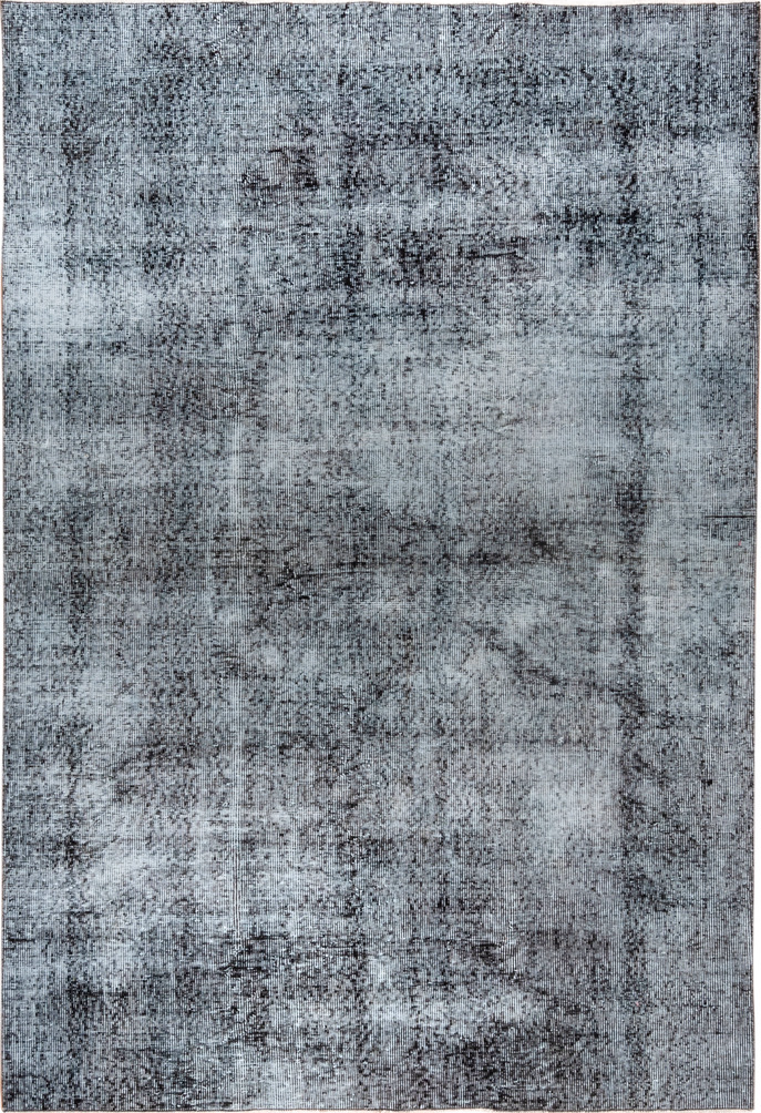 5' x 8' one-of-a-kind handmade vintage Overdyed medium size rug. Color palette: black, blue, charcoal, gainsboro, gray
