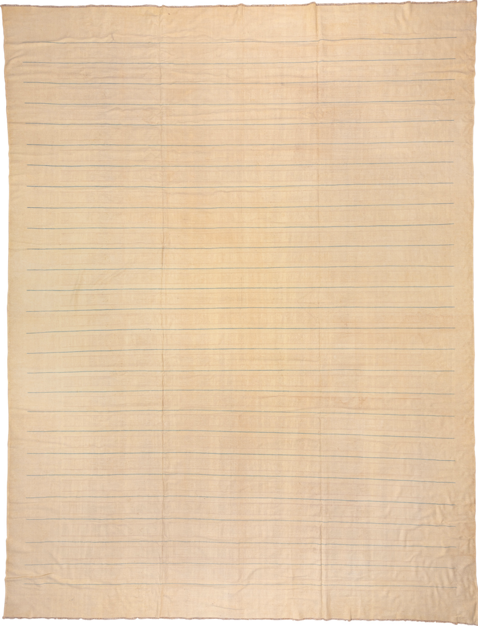 13' x 17' one-of-a-kind handmade vintage Dhurrie oversize rug. Color palette: brown, gray, light gray, off-white, orange