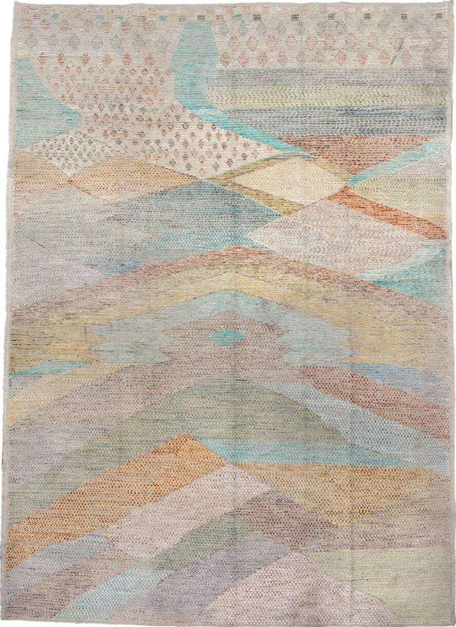 9' x 13' one-of-a-kind handmade vintage Tulu large size rug. Color palette: blue, brown, cadet blue, gainsboro, gray, green