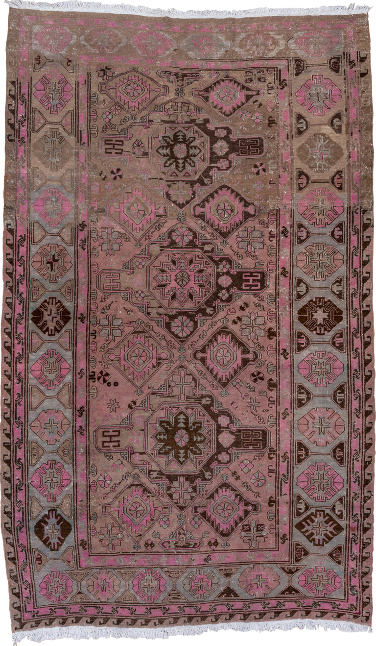 7' x 11' one-of-a-kind handmade vintage Sumak large size rug. Color palette: brown, gray, light gray, off-white, pink