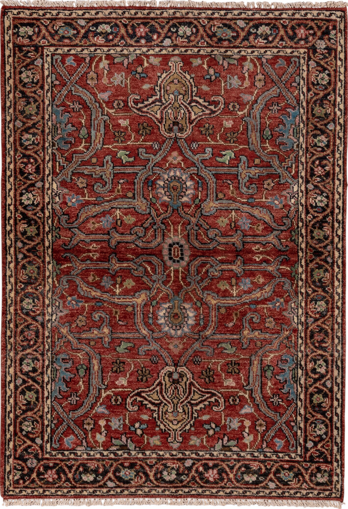 4' x 6' one-of-a-kind handmade vintage Heriz small size rug. Color palette: black, brown, dim gray, gray, pink, red, redwood