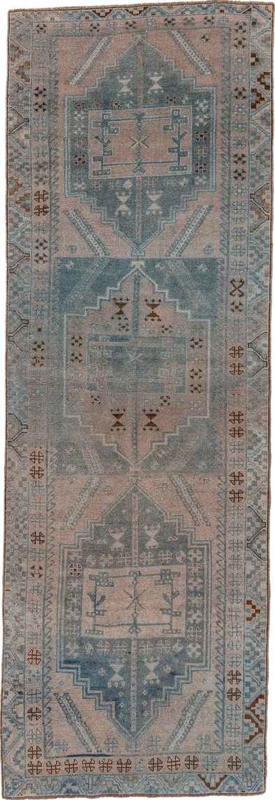 3' x 10' one-of-a-kind handmade vintage Oushak runner rug. Color palette: brown, dark gray, dim gray, gray, light gray