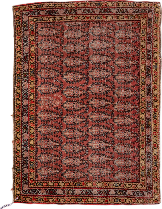 1' x 2' one-of-a-kind handmade vintage Senne small size rug. Color palette: brown, gray, pink, red