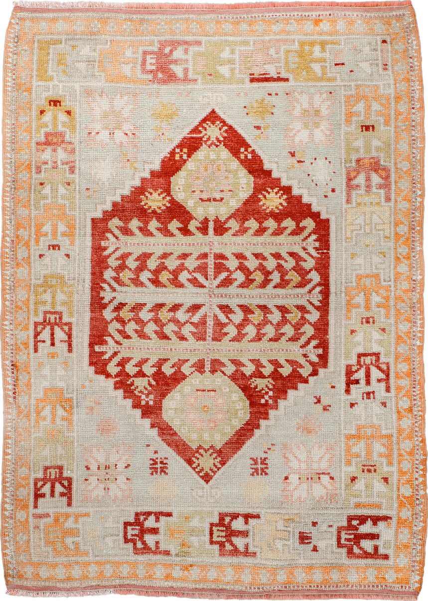 3' x 4' one-of-a-kind handmade vintage Oushak small size rug. Color palette: antiquewhite, brown, burlywood, dark red, gray