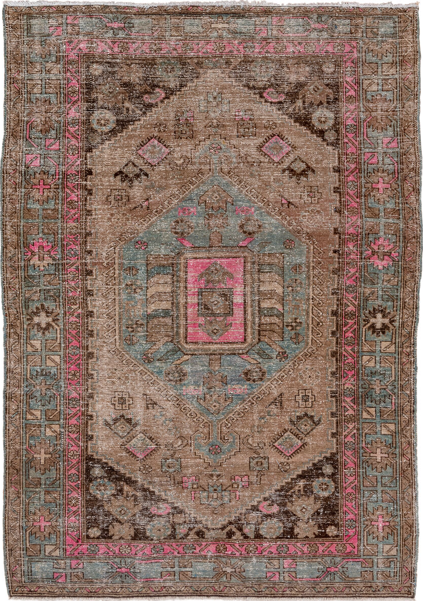 4' x 6' one-of-a-kind handmade vintage Hamadan small size rug. Color palette: brown, gray, light gray, off-white, pink