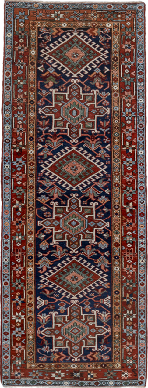 3' x 8' one-of-a-kind handmade vintage Karaje runner rug. Color palette: black, blue, brown, gray, pink, red, slate gray
